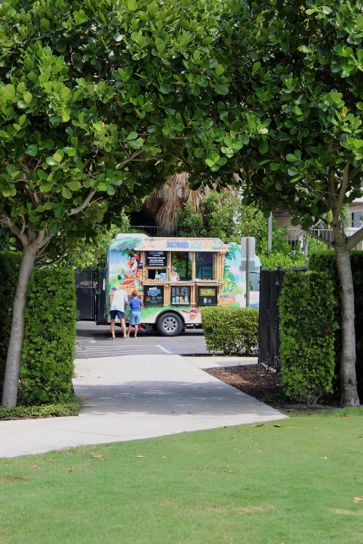 The Kona Ice truck framed by garden trees