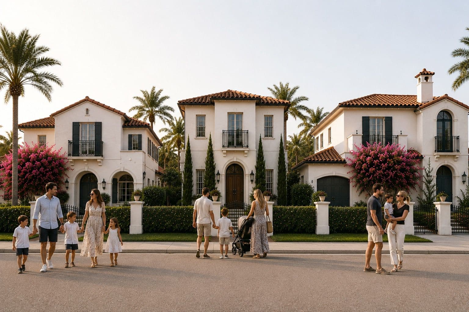 Families with kids walking along a palm lined Palm Beach street