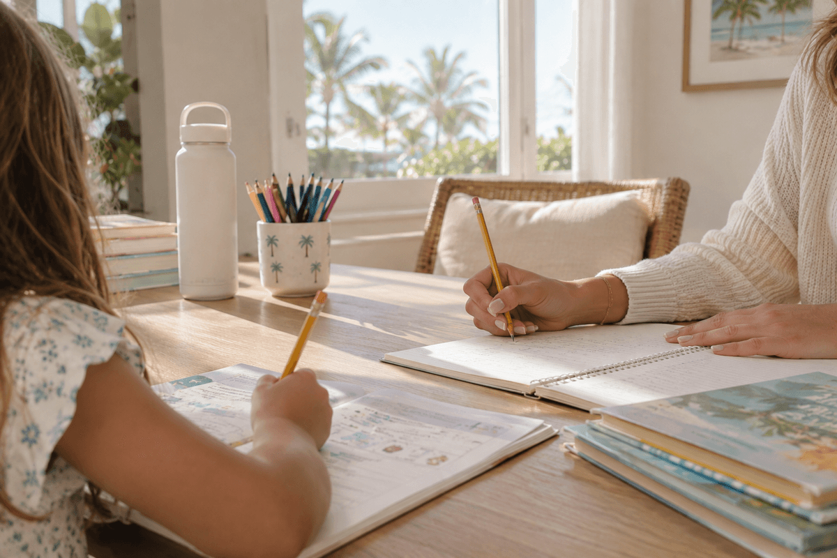 Tutor and student working together at a sunny table with palm trees outside
